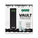 Front facing view of the Ooze Vault Extract Vaporizer Battery inside its official branded retail box packaging. This professional wholesale window carton highlights the hidden chamber feature, making it a high-turnover impulse item for dispensary displays.