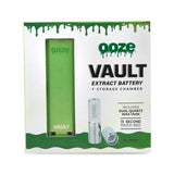 Front facing view of the Ooze Vault Extract Vaporizer Battery inside its official branded retail box packaging. This professional wholesale window carton highlights the hidden chamber feature, making it a high-turnover impulse item for dispensary displays.