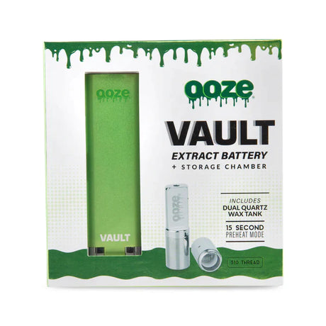 Front facing view of the Ooze Vault Extract Vaporizer Battery inside its official branded retail box packaging. This professional wholesale window carton highlights the hidden chamber feature, making it a high-turnover impulse item for dispensary displays.