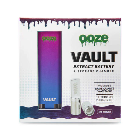 Front facing view of the Ooze Vault Extract Vaporizer Battery inside its official branded retail box packaging. This professional wholesale window carton highlights the hidden chamber feature, making it a high-turnover impulse item for dispensary displays.