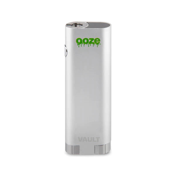 Front angled view of the Ooze Vault Extract Vaporizer Battery in sleek silver. This innovative 510-threaded vape battery features a hidden compartment to securely store an extra oil cartridge or wax jar on the go.
