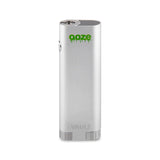 Front angled view of the Ooze Vault Extract Vaporizer Battery in sleek silver. This innovative 510-threaded vape battery features a hidden compartment to securely store an extra oil cartridge or wax jar on the go.