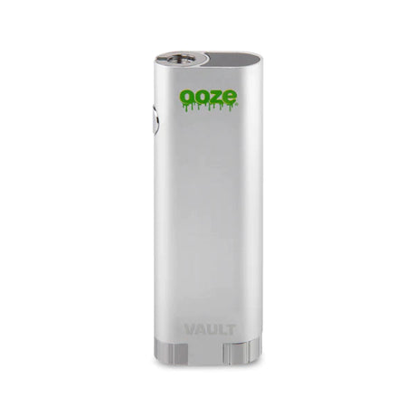Front angled view of the Ooze Vault Extract Vaporizer Battery in sleek silver. This innovative 510-threaded vape battery features a hidden compartment to securely store an extra oil cartridge or wax jar on the go.