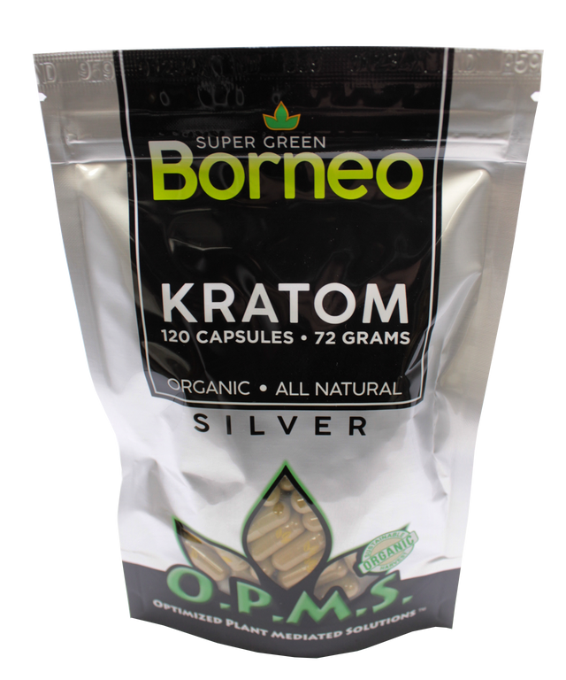 Front view of the OPMS Silver 30ct kratom capsules pouch featuring the super green borneo label in green and silver. This popular optimized plant strain provides a consistently balanced alkaloid profile packed into convenient, easy-to-swallow capsules.