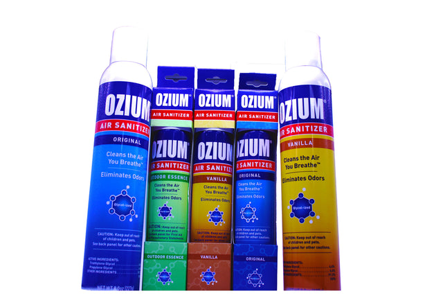 Front view of the Ozium air sanitizer and odor eliminator spray can in different scents. These clinical-grade formulas actually eliminates airborne odors and smoke rather than just masking them.