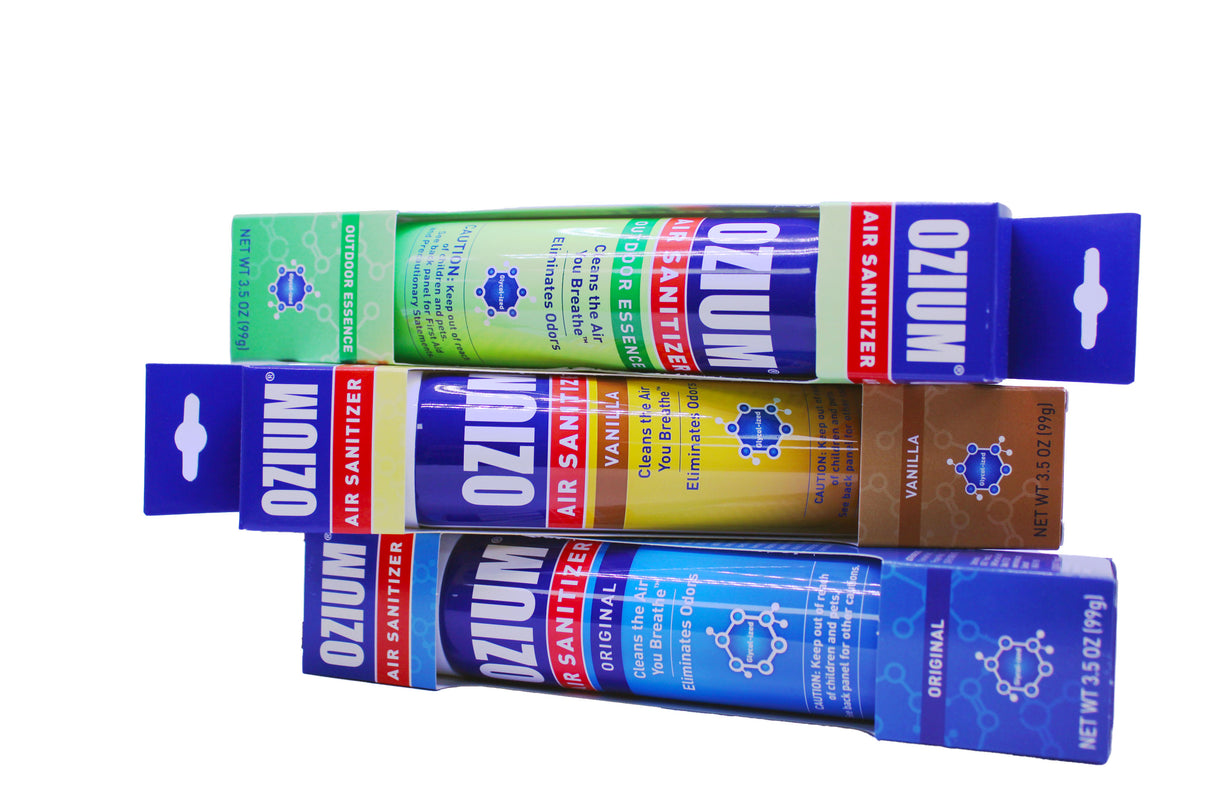 Front view of the Ozium air sanitizer and odor eliminator spray can in different scents. These clinical-grade formulas actually eliminates airborne odors and smoke rather than just masking them.