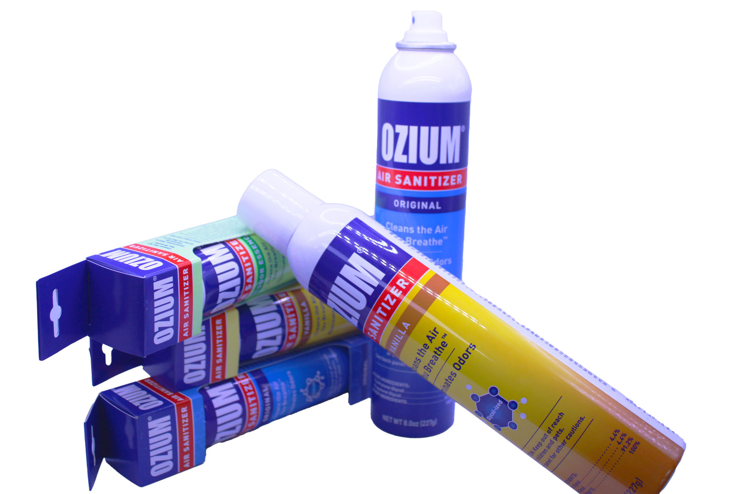 Front view of the Ozium air sanitizer and odor eliminator spray can in different scents. These clinical-grade formulas actually eliminates airborne odors and smoke rather than just masking them.