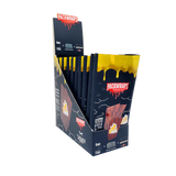 Front angled view of the Packwraps Twisted Hemp Wraps 10-count display box in black and yellow packaging. Produced in collaboration with Packwoods, these tobacco-free, slow-burning hemp wraps include a reusable glass tip and a Pro Packer XL tool for a premium rolling experience.