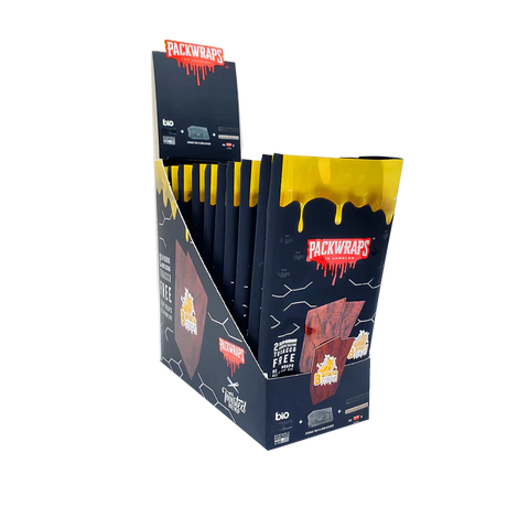 Front angled view of the Packwraps Twisted Hemp Wraps 10-count display box in black and yellow packaging. Produced in collaboration with Packwoods, these tobacco-free, slow-burning hemp wraps include a reusable glass tip and a Pro Packer XL tool for a premium rolling experience.
