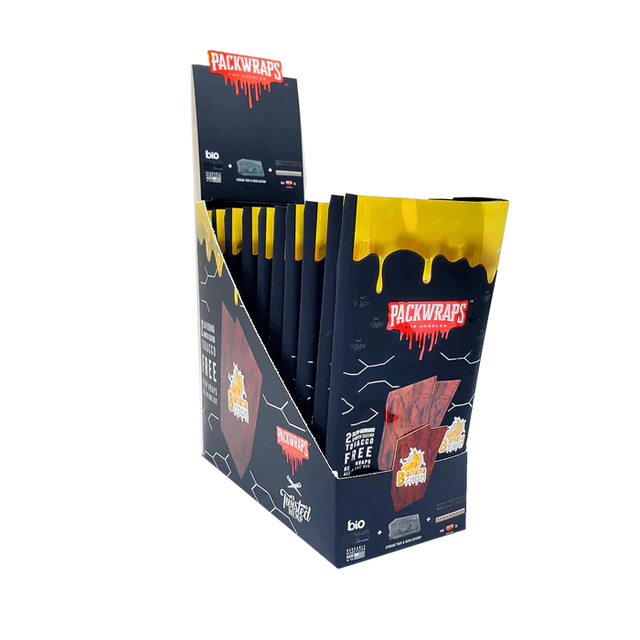 Front angled view of the Packwraps Twisted Hemp Wraps 10-count display box in black and yellow packaging. Produced in collaboration with Packwoods, these tobacco-free, slow-burning hemp wraps include a reusable glass tip and a Pro Packer XL tool for a premium rolling experience.