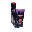 Front angled view of the Packwraps Twisted Hemp Wraps 10-count display box in black and purple packaging. Produced in collaboration with Packwoods, these tobacco-free, slow-burning hemp wraps include a reusable glass tip and a Pro Packer XL tool for a premium rolling experience.