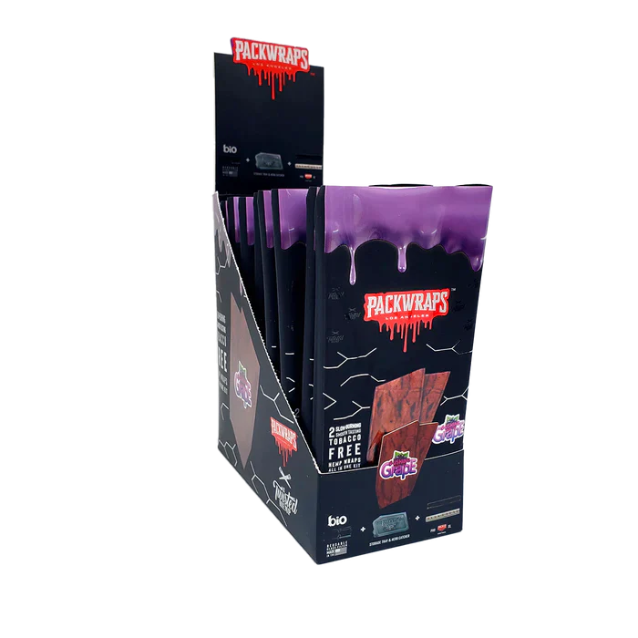 Front angled view of the Packwraps Twisted Hemp Wraps 10-count display box in black and purple packaging. Produced in collaboration with Packwoods, these tobacco-free, slow-burning hemp wraps include a reusable glass tip and a Pro Packer XL tool for a premium rolling experience.