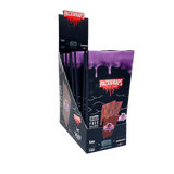 Front angled view of the Packwraps Twisted Hemp Wraps 10-count display box in black and purple packaging. Produced in collaboration with Packwoods, these tobacco-free, slow-burning hemp wraps include a reusable glass tip and a Pro Packer XL tool for a premium rolling experience.