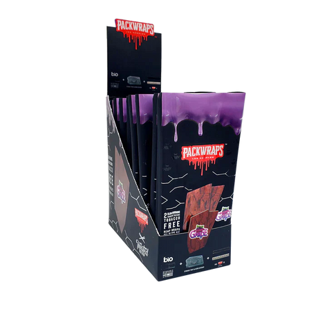 Front angled view of the Packwraps Twisted Hemp Wraps 10-count display box in black and purple packaging. Produced in collaboration with Packwoods, these tobacco-free, slow-burning hemp wraps include a reusable glass tip and a Pro Packer XL tool for a premium rolling experience.