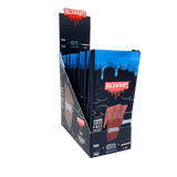 Front angled view of the Packwraps Twisted Hemp Wraps 10-count display box in black and blue packaging. Produced in collaboration with Packwoods, these tobacco-free, slow-burning hemp wraps include a reusable glass tip and a Pro Packer XL tool for a premium rolling experience.