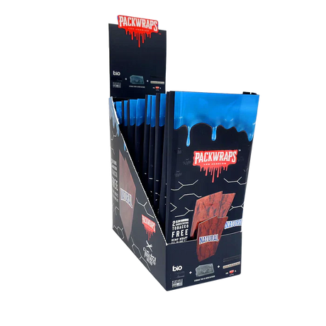 Front angled view of the Packwraps Twisted Hemp Wraps 10-count display box in black and blue packaging. Produced in collaboration with Packwoods, these tobacco-free, slow-burning hemp wraps include a reusable glass tip and a Pro Packer XL tool for a premium rolling experience.