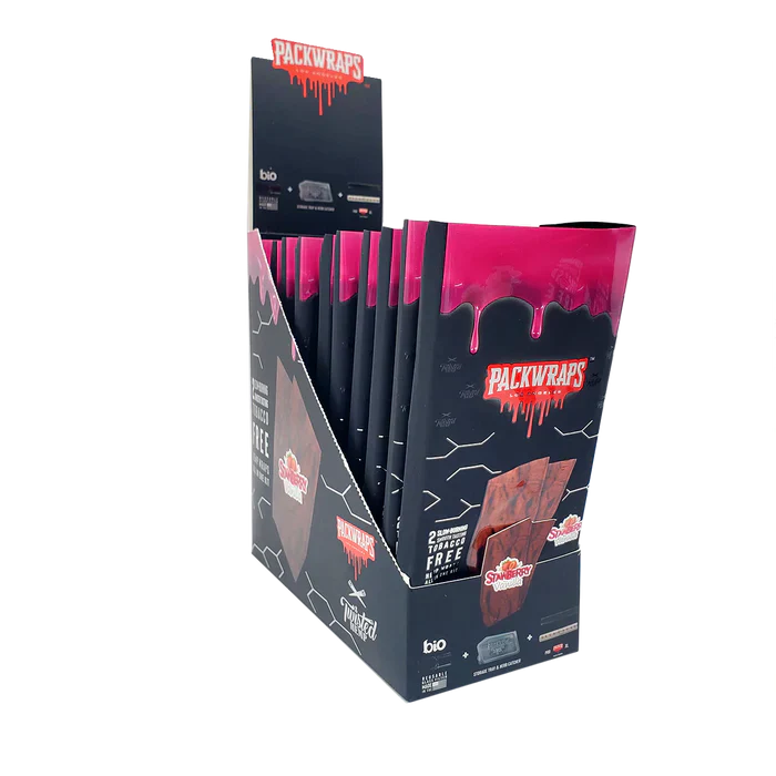 Front angled view of the Packwraps Twisted Hemp Wraps 10-count display box in black and pink packaging. Produced in collaboration with Packwoods, these tobacco-free, slow-burning hemp wraps include a reusable glass tip and a Pro Packer XL tool for a premium rolling experience.