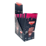 Front angled view of the Packwraps Twisted Hemp Wraps 10-count display box in black and pink packaging. Produced in collaboration with Packwoods, these tobacco-free, slow-burning hemp wraps include a reusable glass tip and a Pro Packer XL tool for a premium rolling experience.