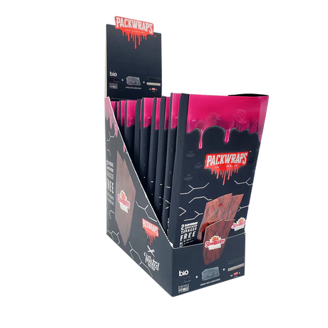 Front angled view of the Packwraps Twisted Hemp Wraps 10-count display box in black and pink packaging. Produced in collaboration with Packwoods, these tobacco-free, slow-burning hemp wraps include a reusable glass tip and a Pro Packer XL tool for a premium rolling experience.