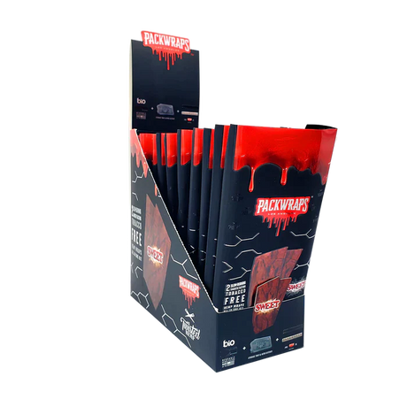 Front angled view of the Packwraps Twisted Hemp Wraps 10-count display box in blak and red packaging. Produced in collaboration with Packwoods, these tobacco-free, slow-burning hemp wraps include a reusable glass tip and a Pro Packer XL tool for a premium rolling experience.