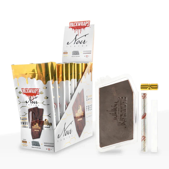 Front angled view of the Packwraps Twisted Hemp Wraps 10-count display box in white and gold packaging. Produced in collaboration with Packwoods, these tobacco-free, slow-burning hemp wraps include a reusable glass tip and a Pro Packer XL tool for a premium rolling experience.