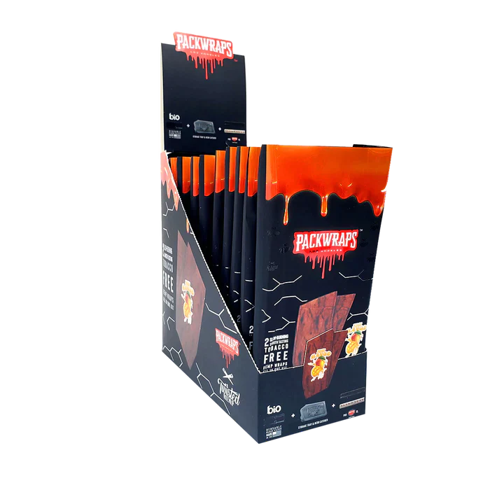 Front angled view of the Packwraps Twisted Hemp Wraps 10-count display box in black and orange packaging. Produced in collaboration with Packwoods, these tobacco-free, slow-burning hemp wraps include a reusable glass tip and a Pro Packer XL tool for a premium rolling experience.