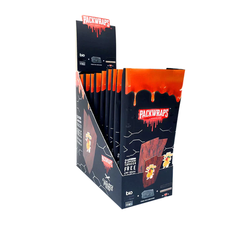 Front angled view of the Packwraps Twisted Hemp Wraps 10-count display box in black and orange packaging. Produced in collaboration with Packwoods, these tobacco-free, slow-burning hemp wraps include a reusable glass tip and a Pro Packer XL tool for a premium rolling experience.