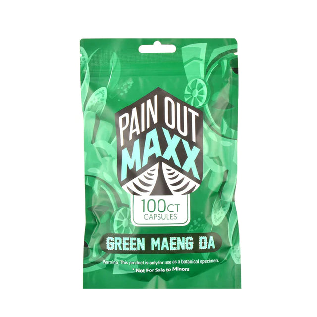 Front view of the Pain Out Maxx Kratom Green Maeng Da 100ct capsules bottle in black and silver packaging. Sourced from mature, alkaloid-rich leaves, these pre-measured capsules help enhance day-to-day activities and overall mental sharpness.