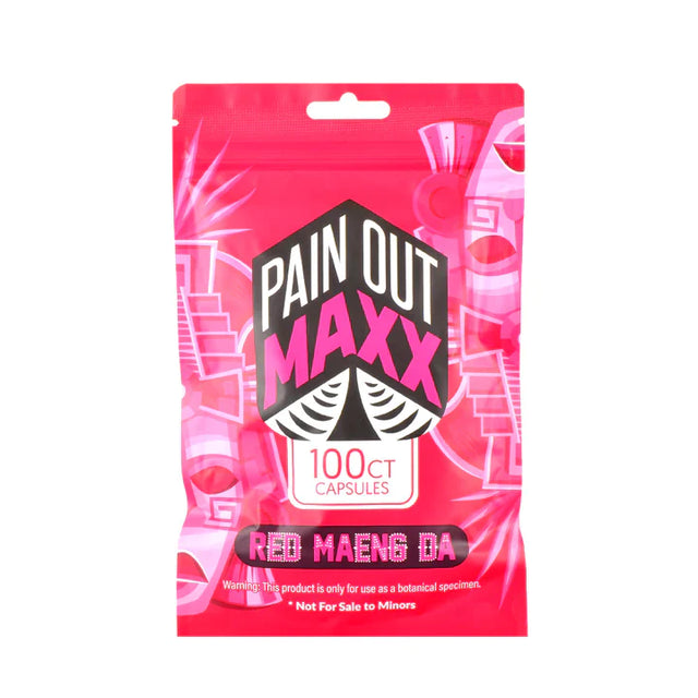 Front view of the Pain Out Maxx kratom capsules bottle in signature black and red packaging. This premium botanical supplement features the highly sought-after Red Maeng Da strain, popular among users for its deeply soothing and relaxing properties.