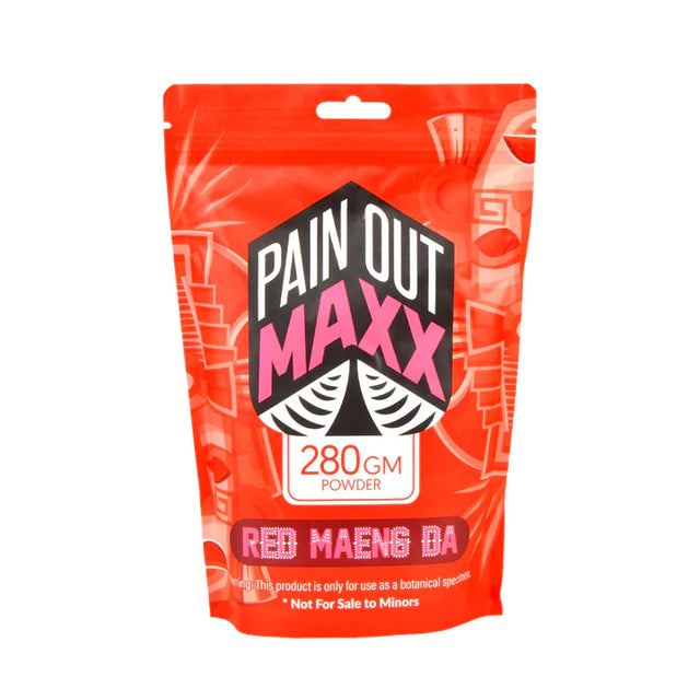 Front view of the Pain Out Maxx kratom powder packaging in signature black and red. This premium botanical supplement features the highly sought-after Red Maeng Da strain, popular among users for its deeply soothing and relaxing properties.