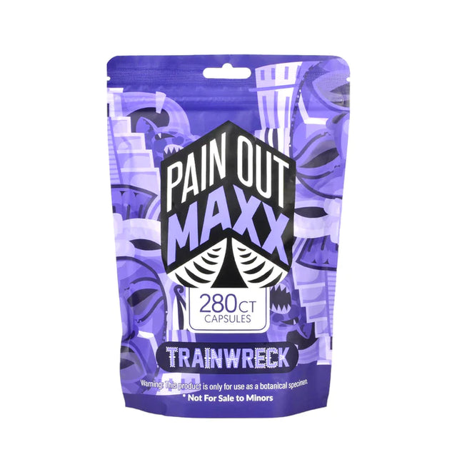 Front view of the Pain Out Maxx Trainwreck kratom packaging in signature black with vibrant multi-colored accents. This premium full-spectrum botanical supplement features a proprietary blend of multiple kratom strains for highly balanced and robust effects.