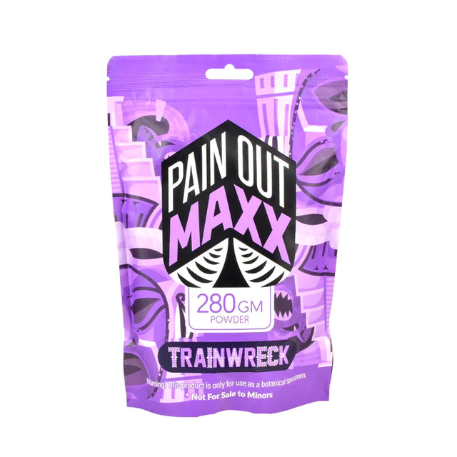 Front view of the Pain Out Maxx Kratom Trainwreck Powder 100g resealable bag in black and silver packaging. This premium hybrid fusion of multiple kratom strains is expertly formulated to deliver enhanced energy, mood elevation, and comprehensive all-purpose wellness support.