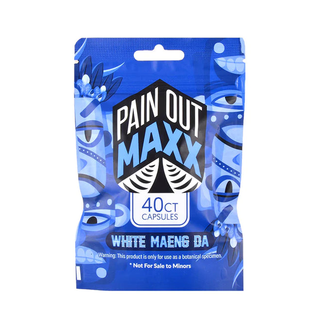 Front view of the Pain Out Maxx Kratom White Maeng Da 40ct capsules bottle in black and silver packaging. This daytime white vein strain is encapsulated for a convenient, taste-free way to boost morning energy and focus.