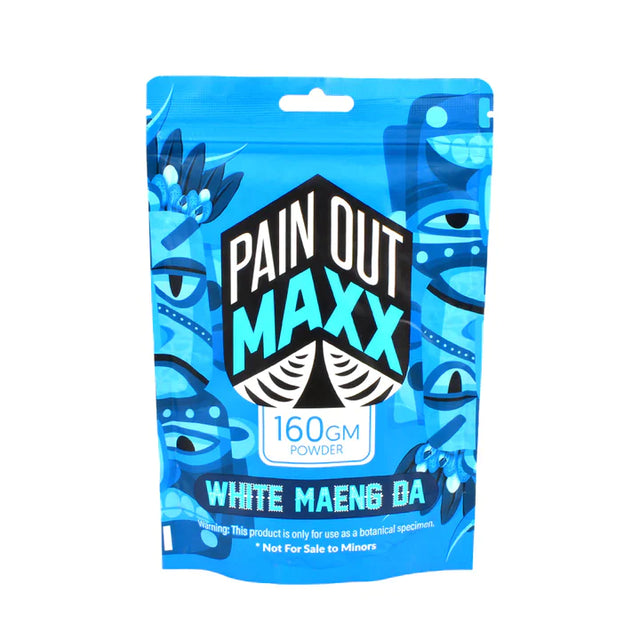 Front view of the Pain Out Maxx Kratom White Maeng Da Powder 100g resealable bag in black and silver packaging. Energizing and mentally stimulating, this premium white vein strain is perfect for mornings or times when you need a clean, jitter-free energy boost.