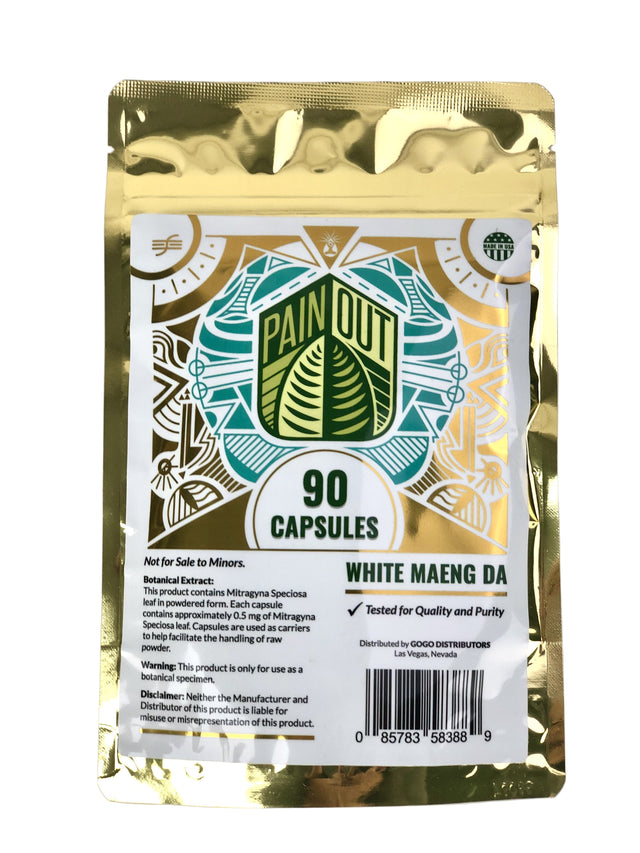 front view of the Painout white maengda 90 capsules. A high performance strain in the form of easy to use capsules from Painout.