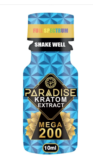 Front view of the Paradise Kratom Mega 200 shot in a compact 10ml bottle with gold and white branding. This high-potency liquid kratom extract is formulated for concentrated, fast-acting botanical support.