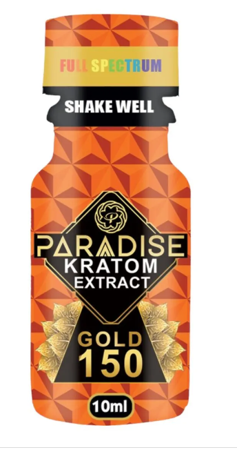 Front view of the Paradise Kratom Gold 150 shot in a compact 10ml bottle with metallic gold branding. This premium liquid kratom extract is formulated for fast-acting botanical support and concentrated effects.