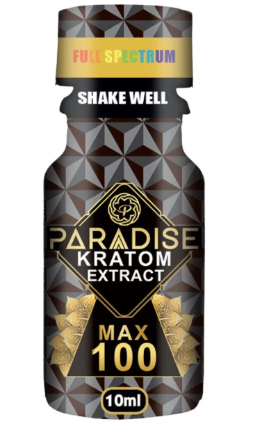Front view of the Paradise Kratom Max 100 shot in a compact 10ml bottle featuring distinctive blue and silver branding. This concentrated liquid kratom extract provides a balanced, fast-acting serving of botanical support for on-the-go use.