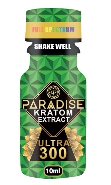 Front view of the Paradise Kratom Ultra 300 shot in a compact 10ml bottle featuring bold black and silver branding. This maximum-strength liquid kratom extract is formulated for highly concentrated, fast-acting botanical support.