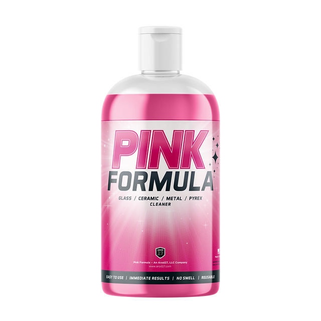 Front view of the Pink Formula 16oz Glass Liquid Wash bottle in clear plastic showcasing the bright pink liquid and matching pink and white label. This fast-acting cleaning solution is formulated to easily cut through stubborn resin and residue on your favorite glass and quartz pieces.