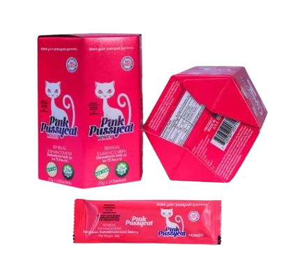 Angled overhead view of the Pink Pussycat Honey 24-count retail display box in vibrant pink, black, and gold. This professional wholesale countertop display container holds two dozen individual honey sachets formulated to naturally enhance female energy, intimate desire, and vitality.