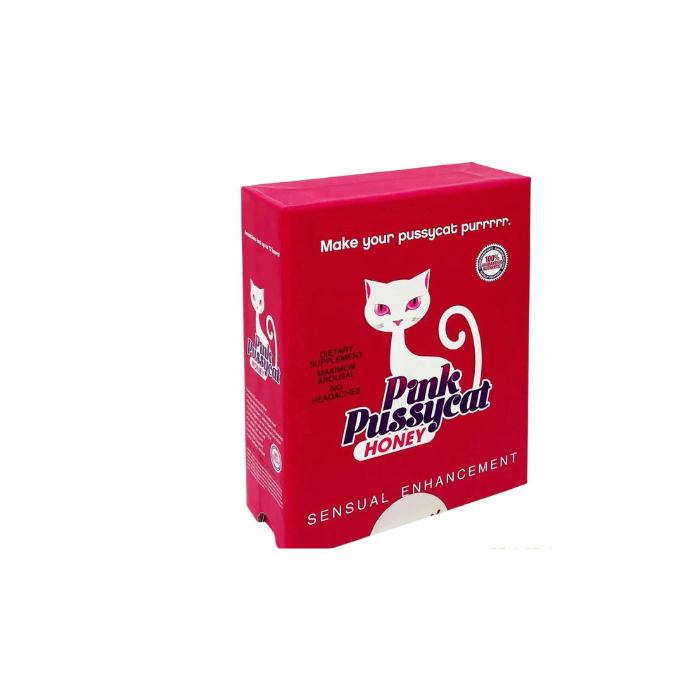 Angled overhead view of the Pink Pussycat Honey retail display box featuring matching pink, black, and gold artwork. This professional wholesale countertop display container holds multiple individual honey sachets for convenient presentation in retail and smoke shop environments.
