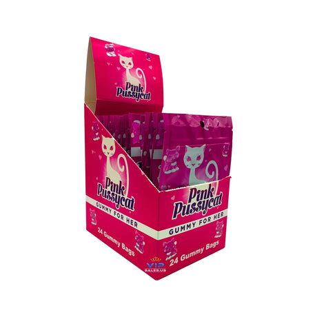 Angled overhead view of the Pink Pussycat Vita Gummies 24-pack retail display box in vibrant pink and black packaging. This professional wholesale countertop display holds 24 individual 2-count packs of female enhancement gummies formulated to support intimate wellness, increase sensation, and boost energy.