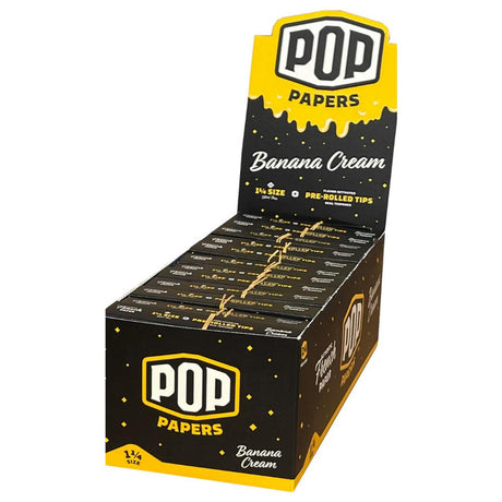 Front view of the Pop Cones 1 1/4 flavored tips 24-count display box in assorted vibrant colors. This high-margin wholesale retail package contains premium ultra-thin pre-rolled cones featuring an innovative squeeze-and-pop flavor bead in the filter.