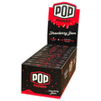 Front view of the Pop Cones 1 1/4 flavored tips 24-count display box in assorted vibrant colors. This high-margin wholesale retail package contains premium ultra-thin pre-rolled cones featuring an innovative squeeze-and-pop flavor bead in the filter.