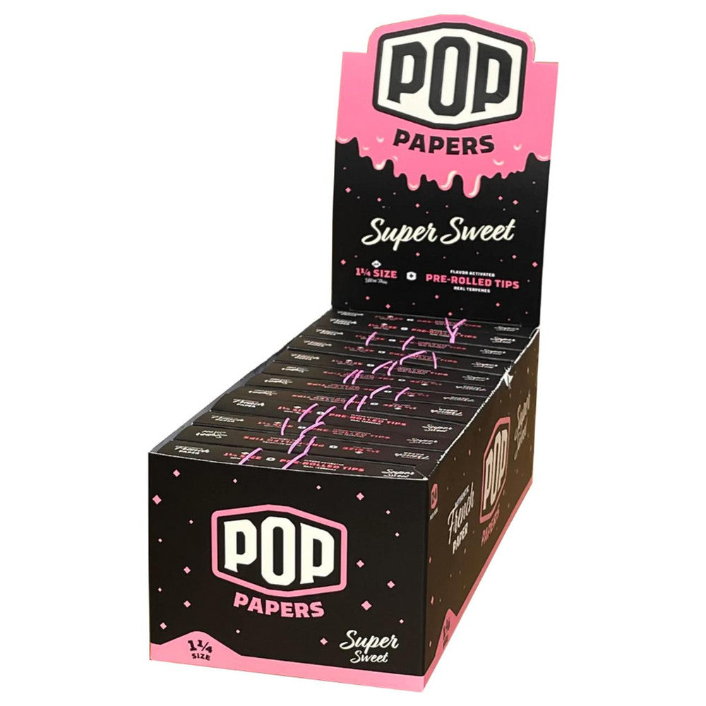 Front view of the Pop Cones 1 1/4 flavored tips 24-count display box in assorted vibrant colors. This high-margin wholesale retail package contains premium ultra-thin pre-rolled cones featuring an innovative squeeze-and-pop flavor bead in the filter.