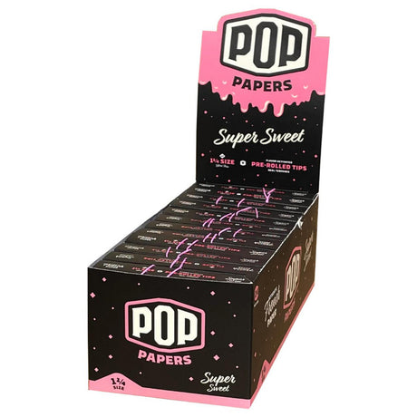 Front view of the Pop Cones 1 1/4 flavored tips 24-count display box in assorted vibrant colors. This high-margin wholesale retail package contains premium ultra-thin pre-rolled cones featuring an innovative squeeze-and-pop flavor bead in the filter.