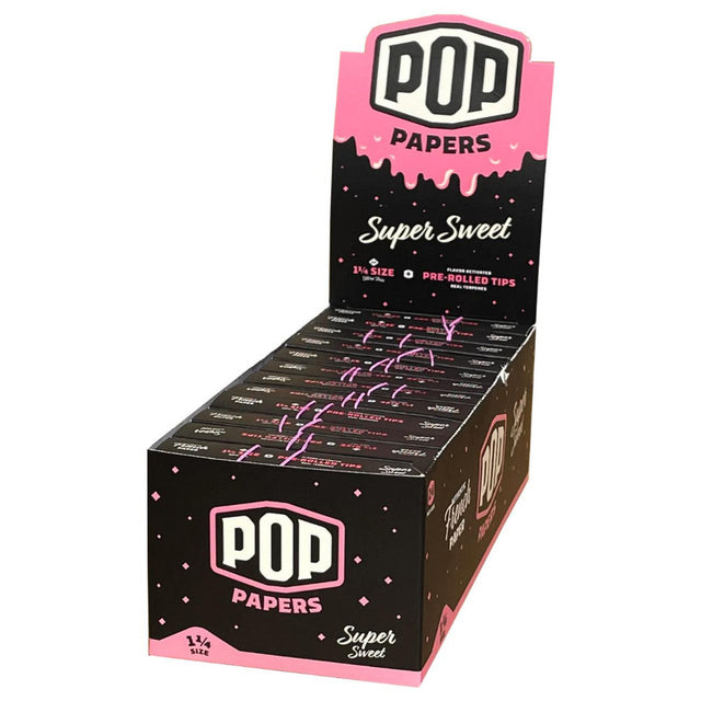 Front view of the Pop Cones 1 1/4 flavored tips 24-count display box in assorted vibrant colors. This high-margin wholesale retail package contains premium ultra-thin pre-rolled cones featuring an innovative squeeze-and-pop flavor bead in the filter.