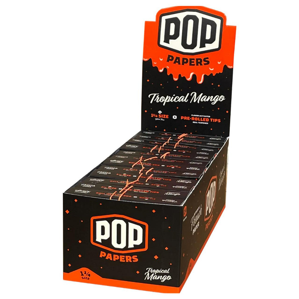 Front view of the Pop Cones 1 1/4 flavored tips 24-count display box in assorted vibrant colors. This high-margin wholesale retail package contains premium ultra-thin pre-rolled cones featuring an innovative squeeze-and-pop flavor bead in the filter.