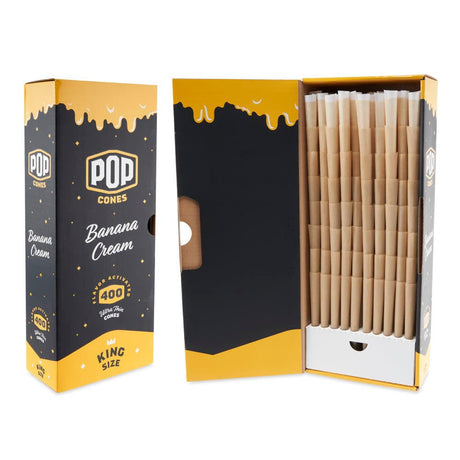 Front view of the Pop Cones king size 400ct bulk packaging in a branded cardboard carton. This massive 400-count wholesale box provides dispensaries, processors, and heavy consumers with an uninterrupted supply of premium pre-rolled cones.